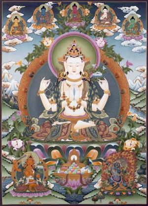 Big Size 4 Armed Chenrezig Thangka | Surrounded by 5 Buddhas, Manjushri and Vajrapani